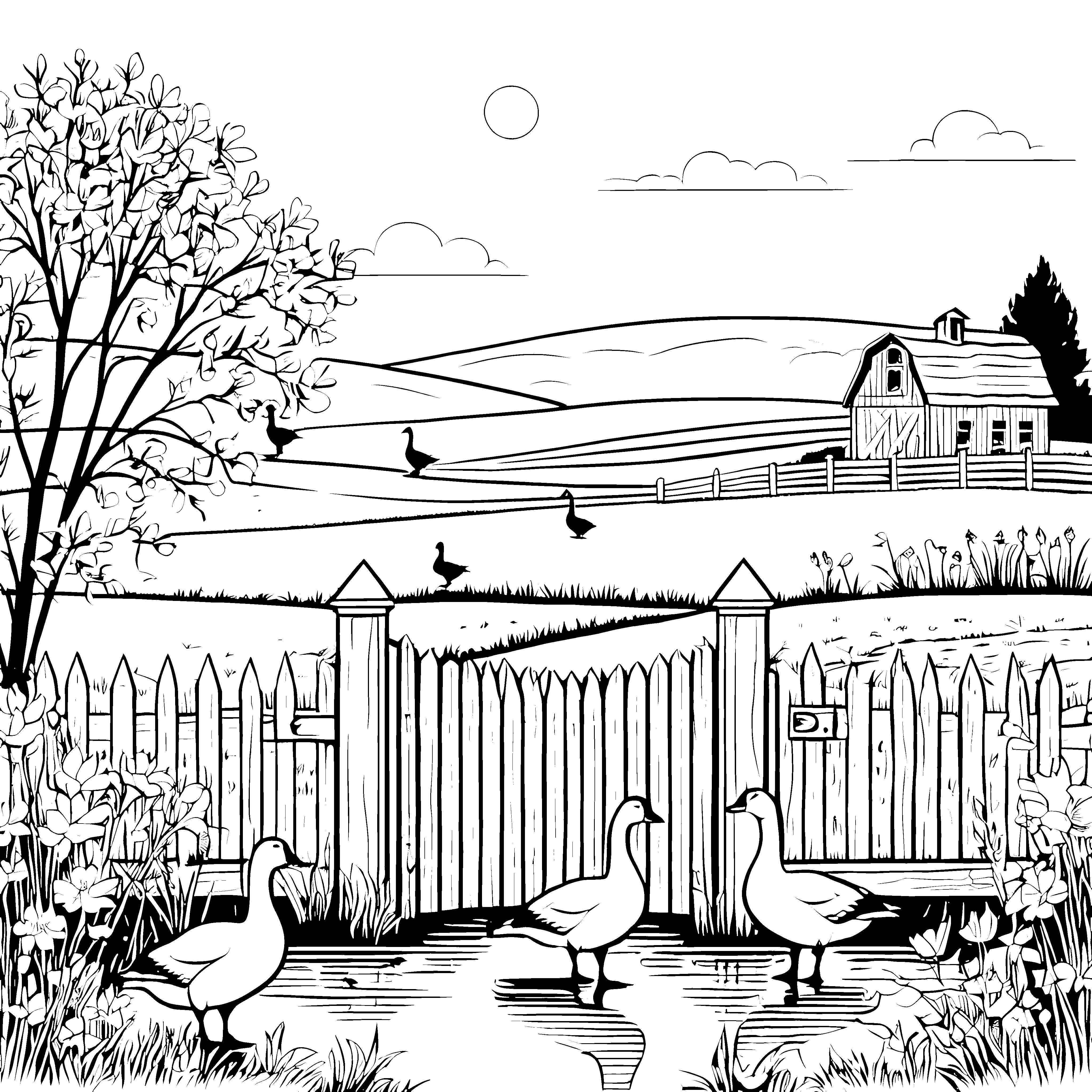 Gänse im Hof: Ein ländliches Ausmalspiel mit Bauernhaus und Zaun