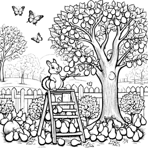 Die kleine Maus erntet Birnen am großen Baum Ausmalbild fuer kleine Entdecker