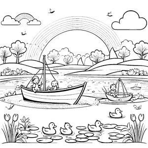 Regenbogen über dem See mit Enten und Booten zum Ausmalen
