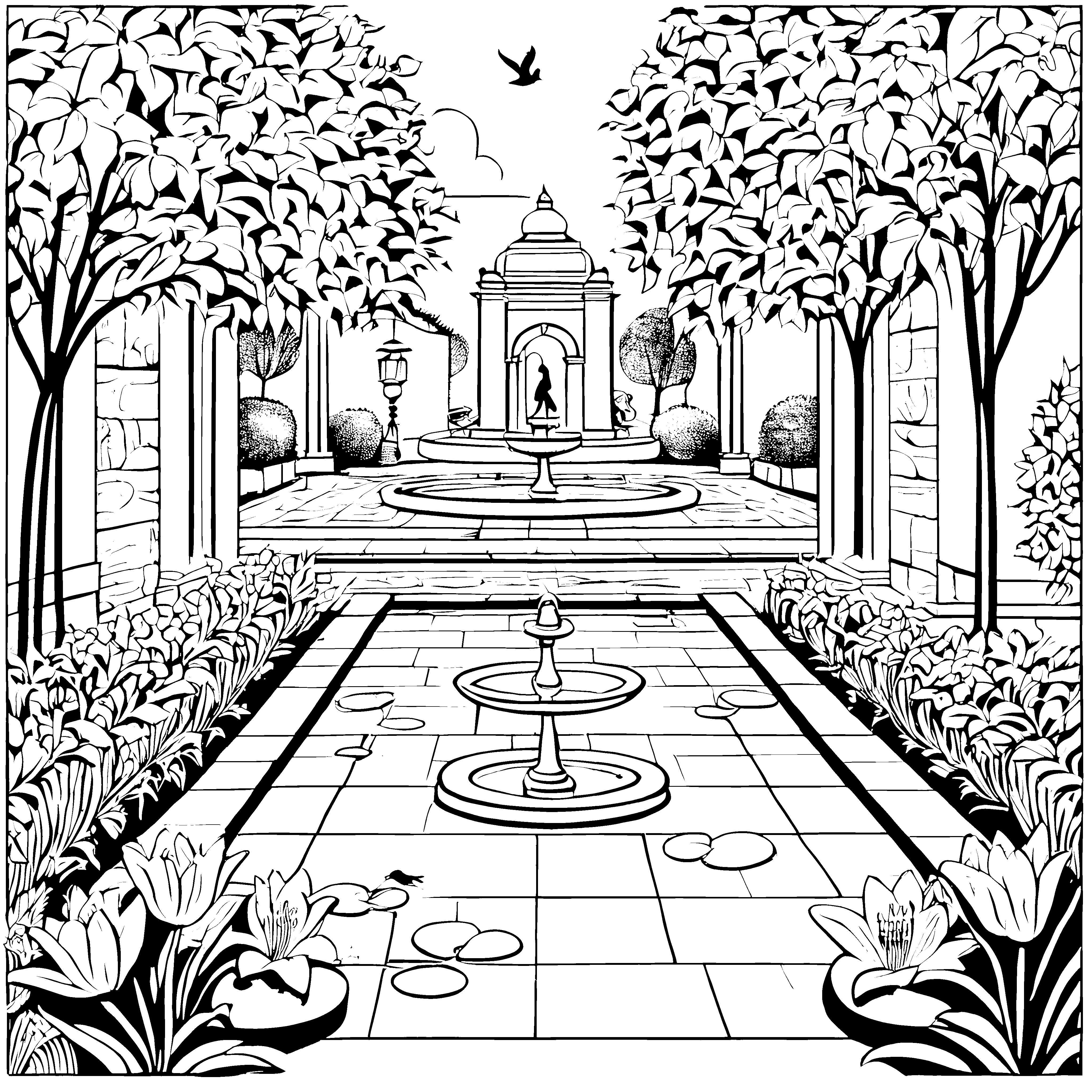 Ein bunter Tag am Blumen - und Springbrunnen im Märchengarten zum Ausmalen