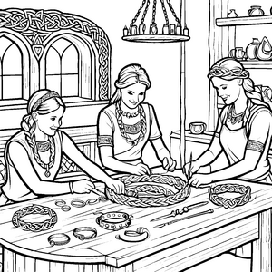 Keltische Frauen bei der Schmuckherstellung in der Werkstatt - Ausmalbild fuer kleine Entdecker