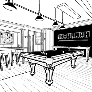 Das große Billardtisch-Spiel im gemütlichen Spielzimmer Ausmalbild fuer kleine Entdecker