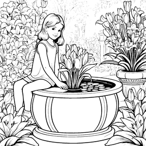 Ein Mädchen am Wasserbecken mit vielen Lilien – Ausmalbild fuer kleine Entdecker