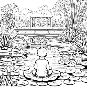 Ein Kind auf einem Seeblatt im Teich voller Lilien – Ausmalbild fuer kleine Entdecker