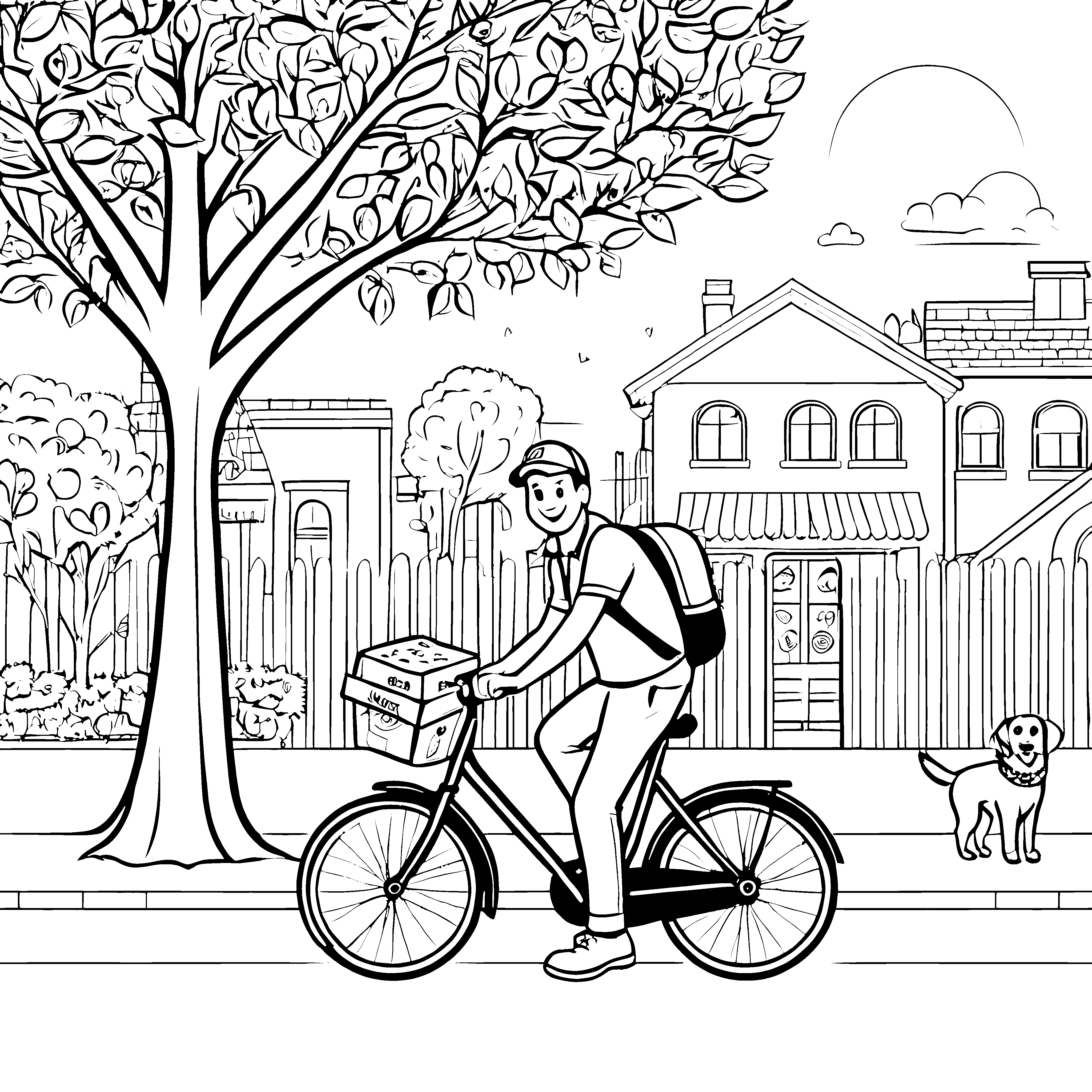 Der Pizzabote auf dem Fahrrad vor den Häusern zum Ausmalen