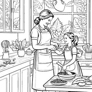 Gemeinsames Kochen mit Wirsing in der Küche Ausmalbild fuer kleine Entdecker