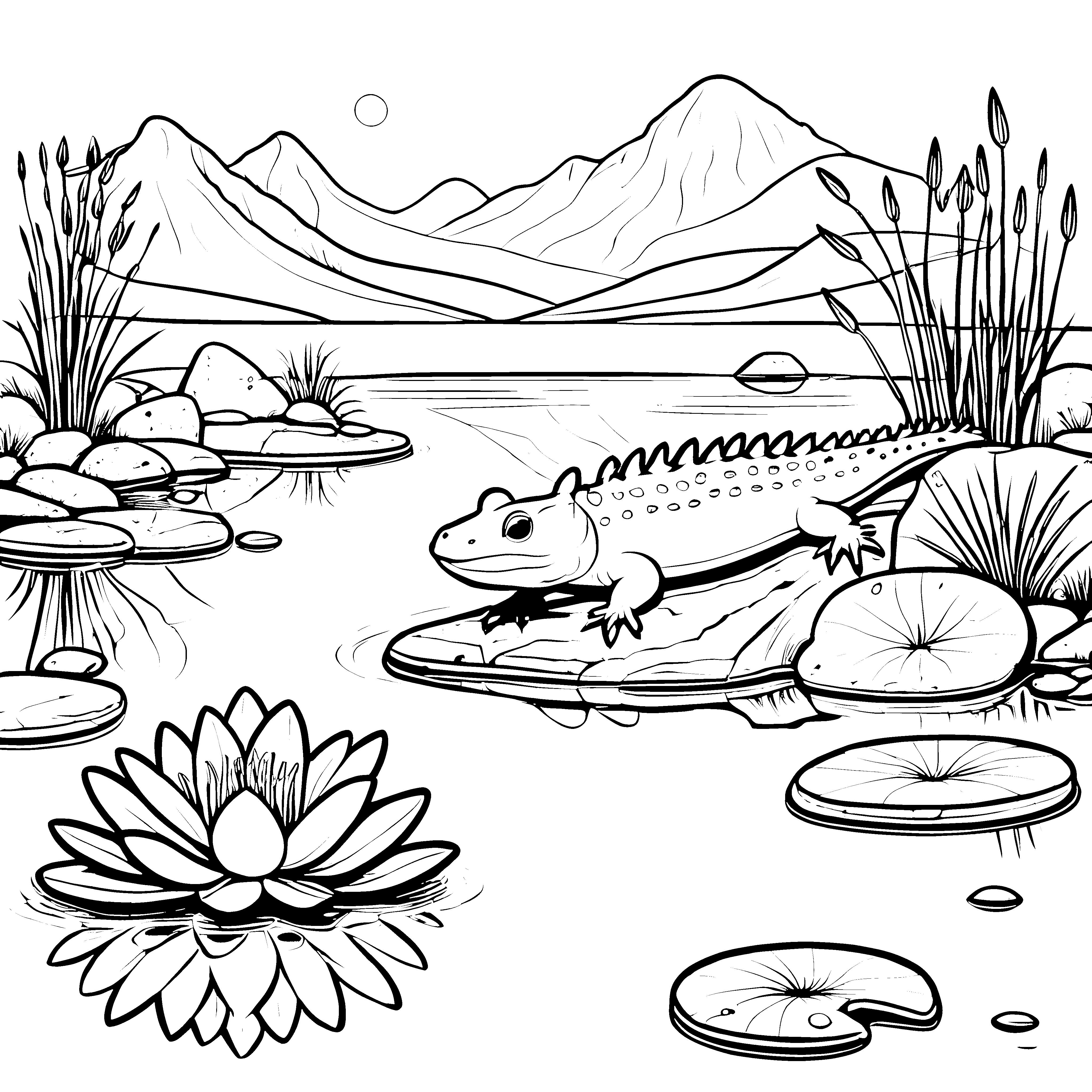 Axolotl im Bergsee: Ein Ausmalspaß mit Seerosenblättern