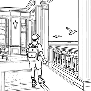 Der Junge im eleganten Hotel mit fliegenden Vögeln