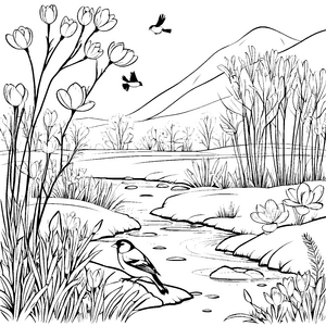 Vögel am Fluss zwischen Tulpenblüten malen