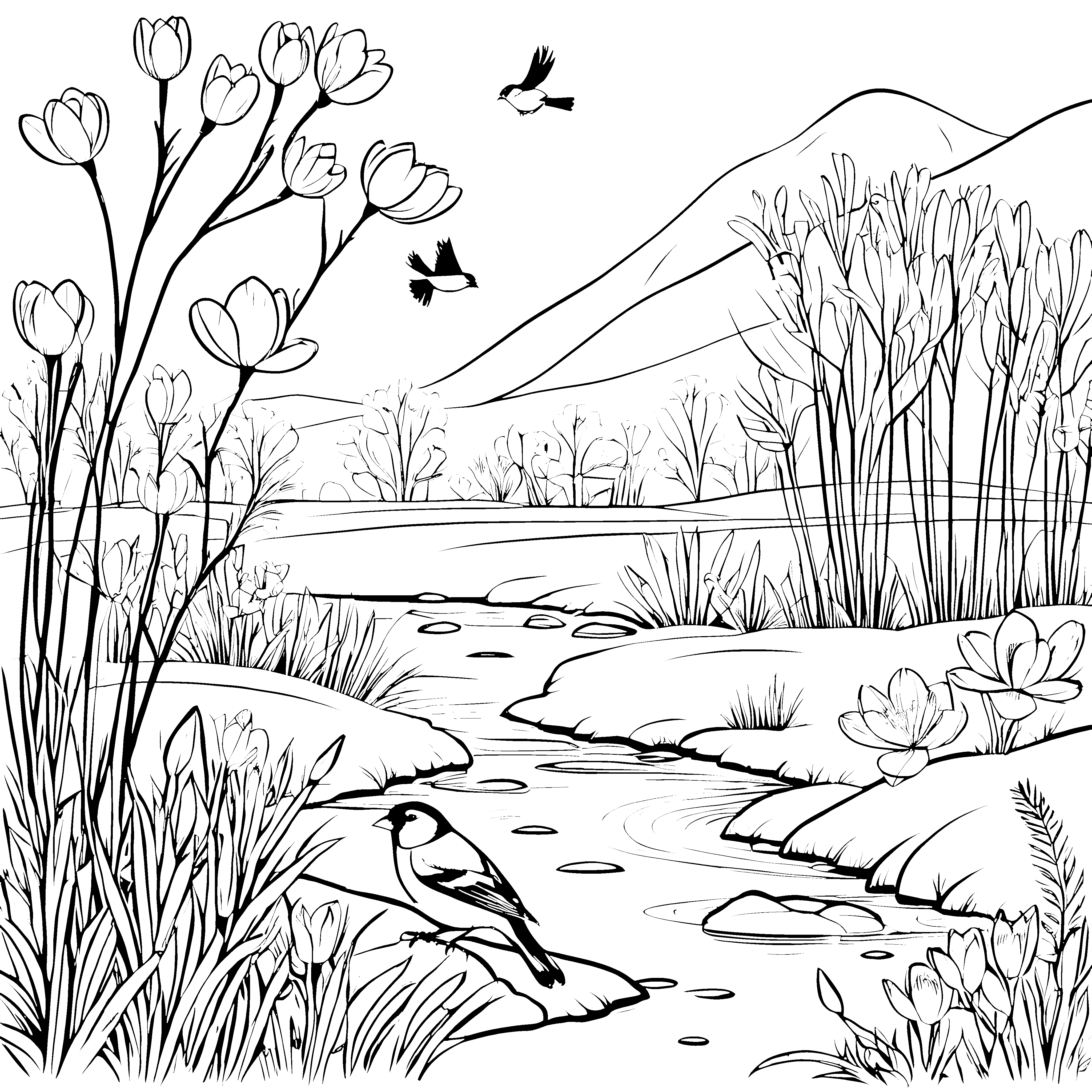 Vögel am Fluss zwischen Tulpenblüten malen