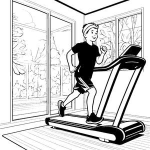 Der Junge auf dem Laufband im Fitnessraum – Ausmalbild fuer kleine Entdecker