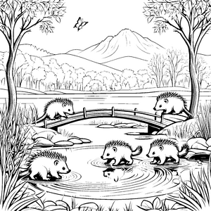 Stachelschwein-Babys am Teich: Ein Ausmalspaß im Wald