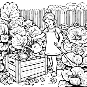 Das Mädchen gießt die Wirsingköpfe im Gartenkasten - Ausmalbild fuer kleine Entdecker