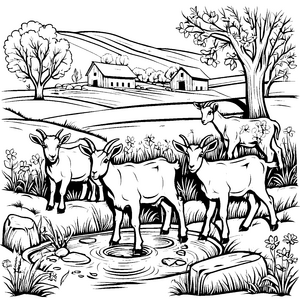 Ziegen am Teich: Ein ländliches Ausmalspiel mit Zicklein