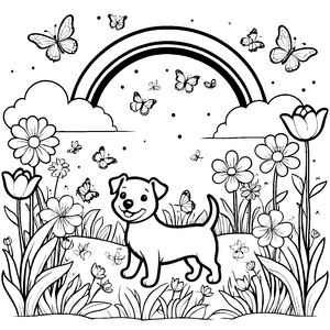Regenbogenzauber mit Hund, Schmetterlingen und Blumen zum Ausmalen