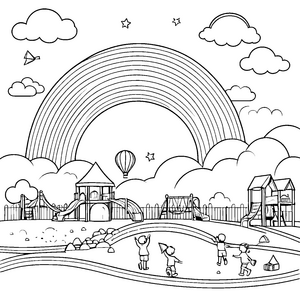 Bunte Regenbogenpracht mit Kindern und Ballon zum Ausmalen