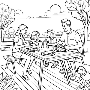 Familienpicknick: Papa im Hemd mit Kindern und Hunden malen