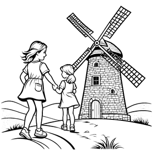 Mädchen vor der Windmühle in hügeliger Landschaft zum Ausmalen