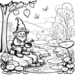 Der Gnome mit dem Topf in der malerischen Waldlandschaft zum Ausmalen