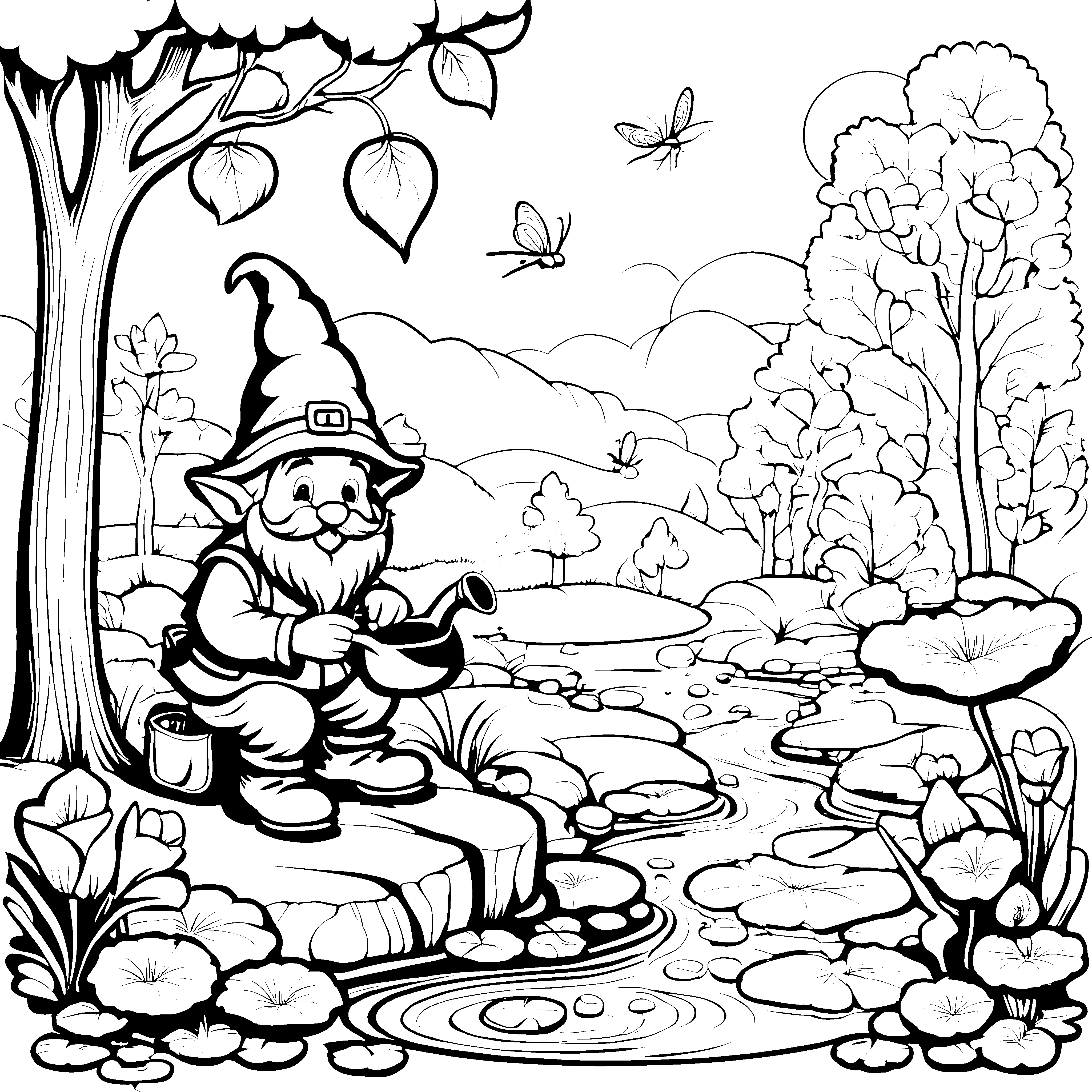Der Gnome mit dem Topf in der malerischen Waldlandschaft zum Ausmalen