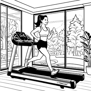 Sportliche Frau auf dem Laufband im hellen Fitnessraum Ausmalbild fuer kleine Entdecker