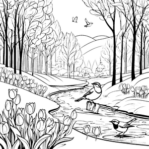 Frühlingszauber: Tulpen, Vögel und der blühende Bachlauf
