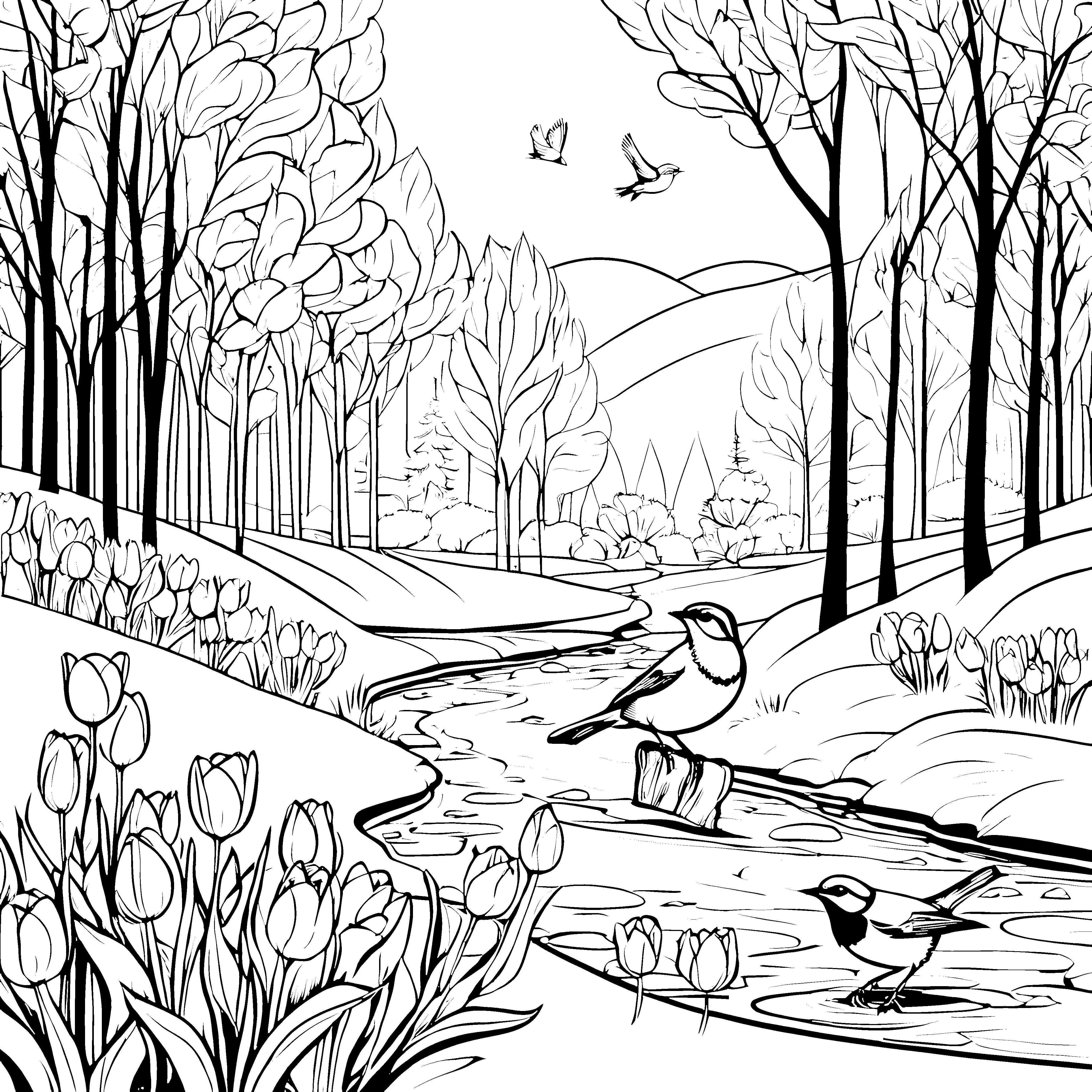 Frühlingszauber: Tulpen, Vögel und der blühende Bachlauf