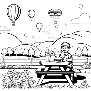 Hamburger Picknick mit Heißluftballons zum Ausmalen