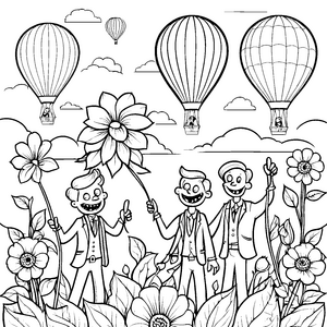 Zombies im Blumenfeld mit Heißluftballons Ausmalbild fuer kleine Entdecker