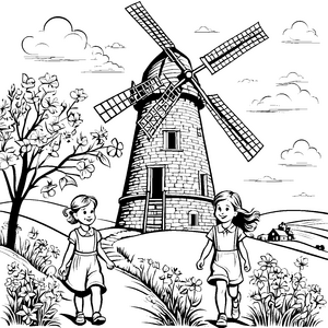 Mädchen vor der großen Windmühle auf dem blühenden Feld zum Ausmalen