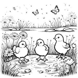 Küken im Wasser: Ein malerischer Tag auf der Wiese