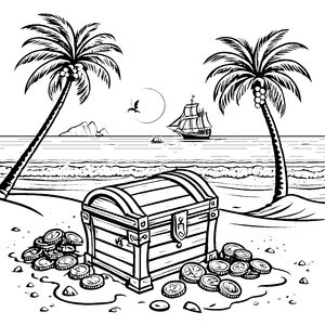 Das große Piratenschatzkisten-Ausmalbild mit Münzen und Schiff