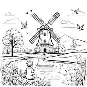 Die Windmühle auf der weiten Wiese am Gewässer zum Ausmalen