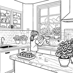 Mädchen gießt Blumen mit romantischen Herzen im Küchenzimmer Ausmalbild