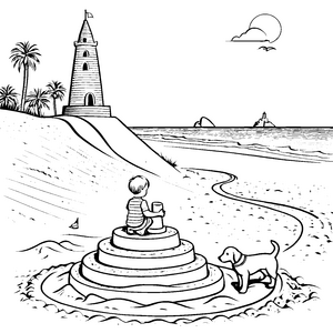 Märchenhafte Sandburgen und Freunde am Meer ausmalen