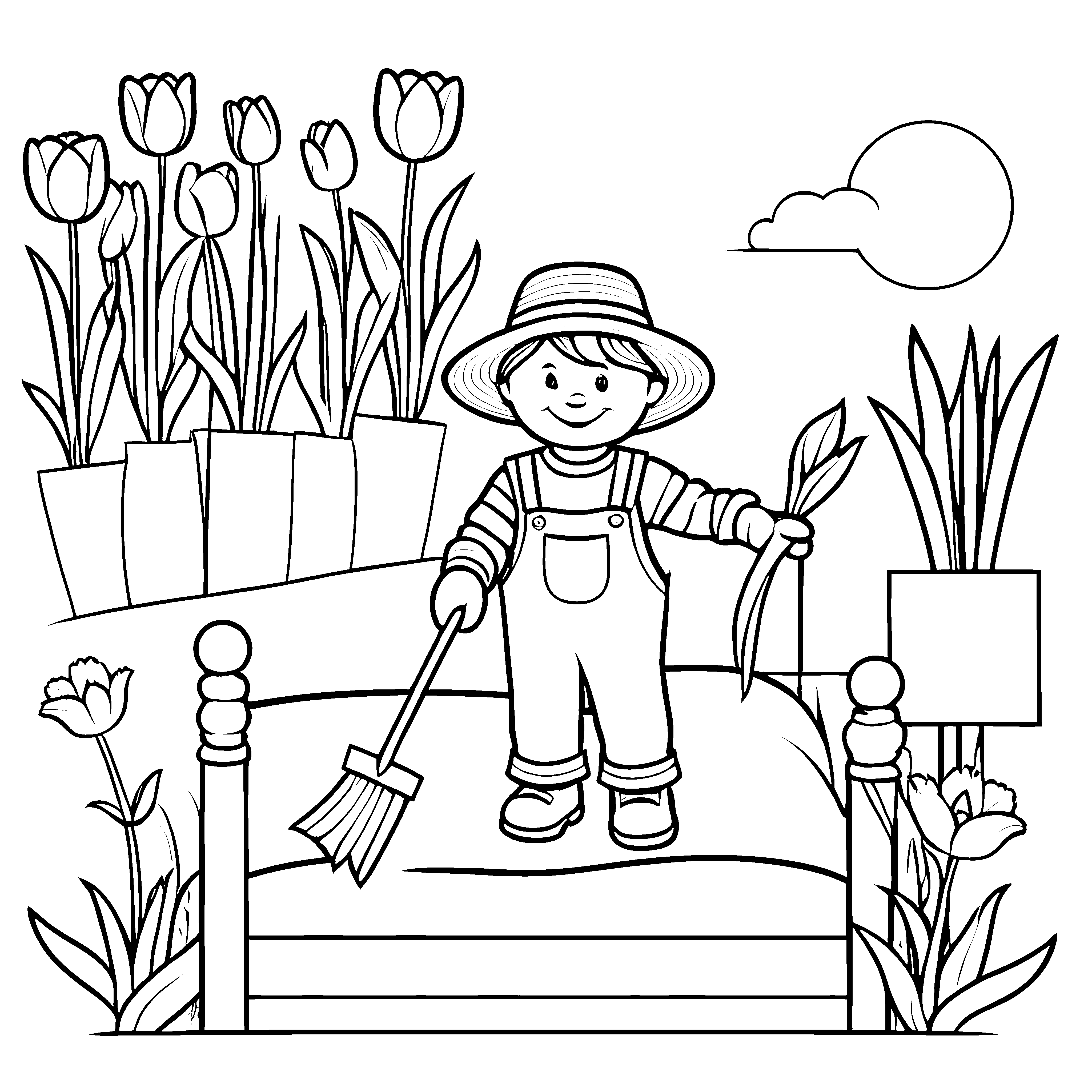 Der kleine Gärtner und die blühenden Tulpen zum Ausmalen