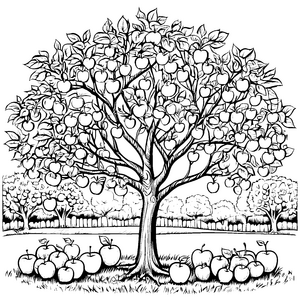 Der große Apfelbaum mit Früchten auf der Wiese – Ausmalbild fuer kleine Entdecker