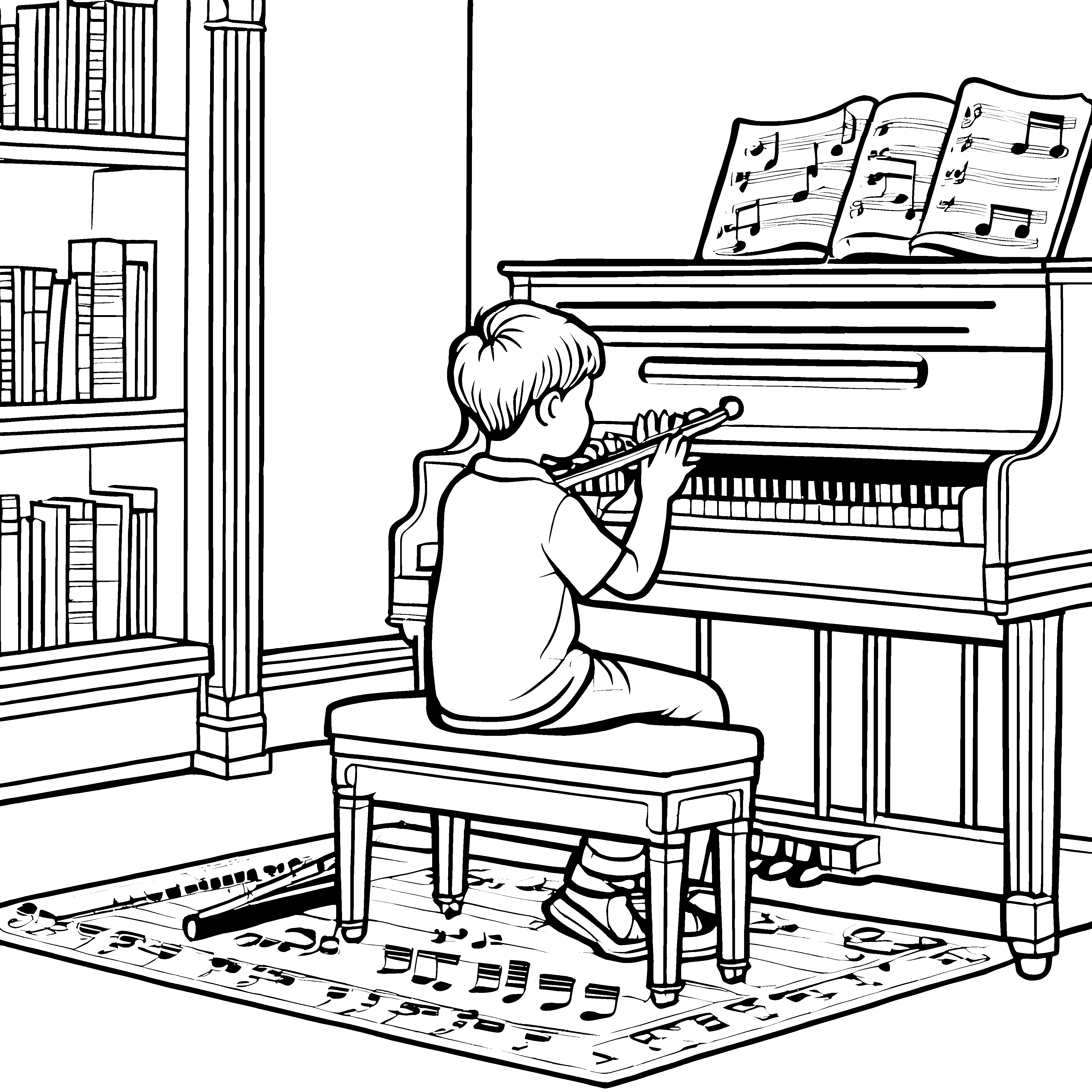Der Junge spielt Querflöte vor dem Klavier - Ausmalbild fuer kleine Entdecker
