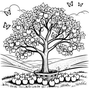 Der große Apfelbaum mit Schmetterlingen und Früchten – Ausmalbild fuer kleine Entdecker