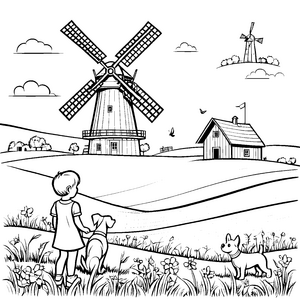 Windmühlen im Märchenland - Ein Ausmalbild für kleine Entdecker