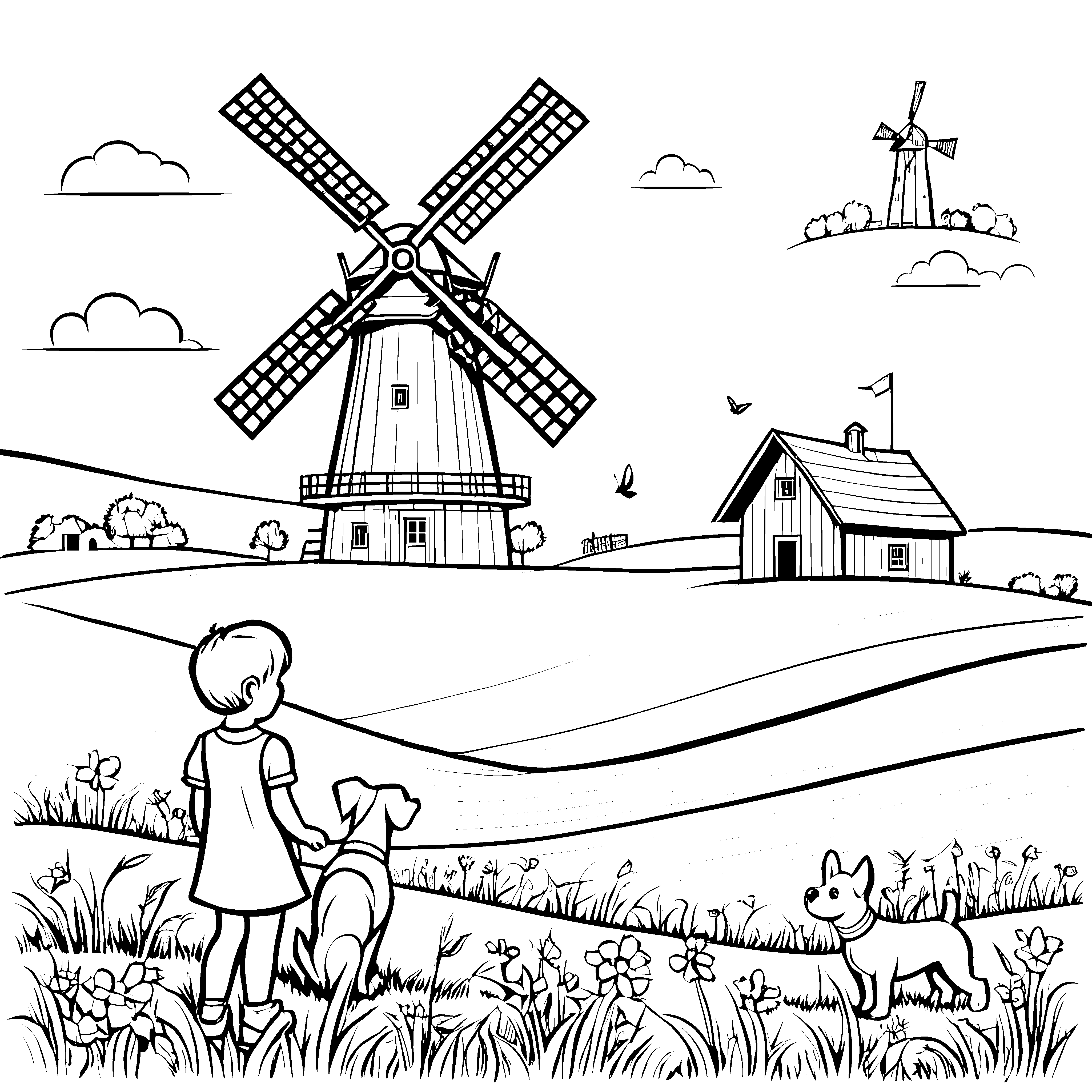 Windmühlen im Märchenland - Ein Ausmalbild für kleine Entdecker