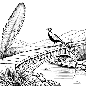 Fasan auf der Steinbrücke am Bach im Wald