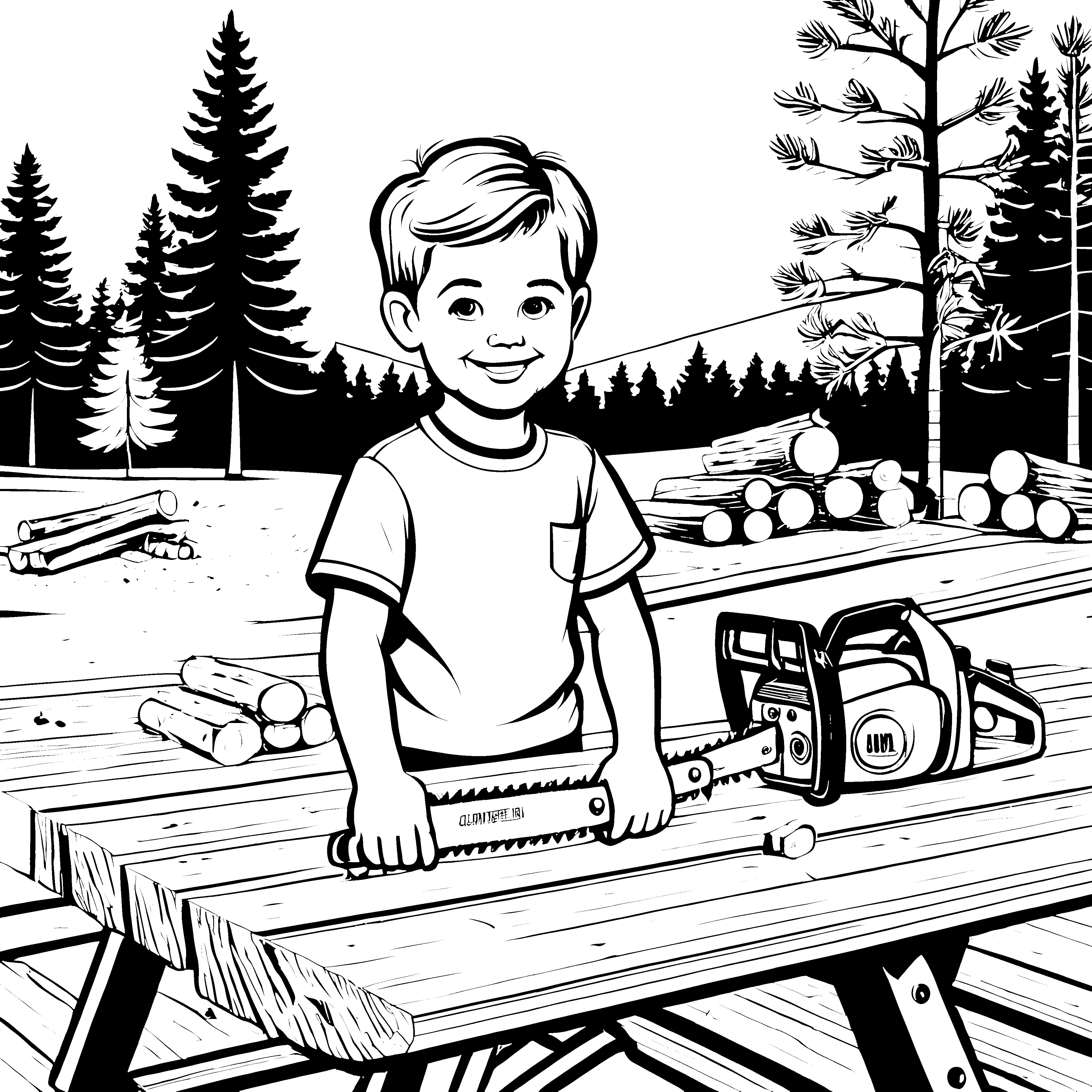 Der Junge mit der Kettensäge im Wald malen zum Ausmalen