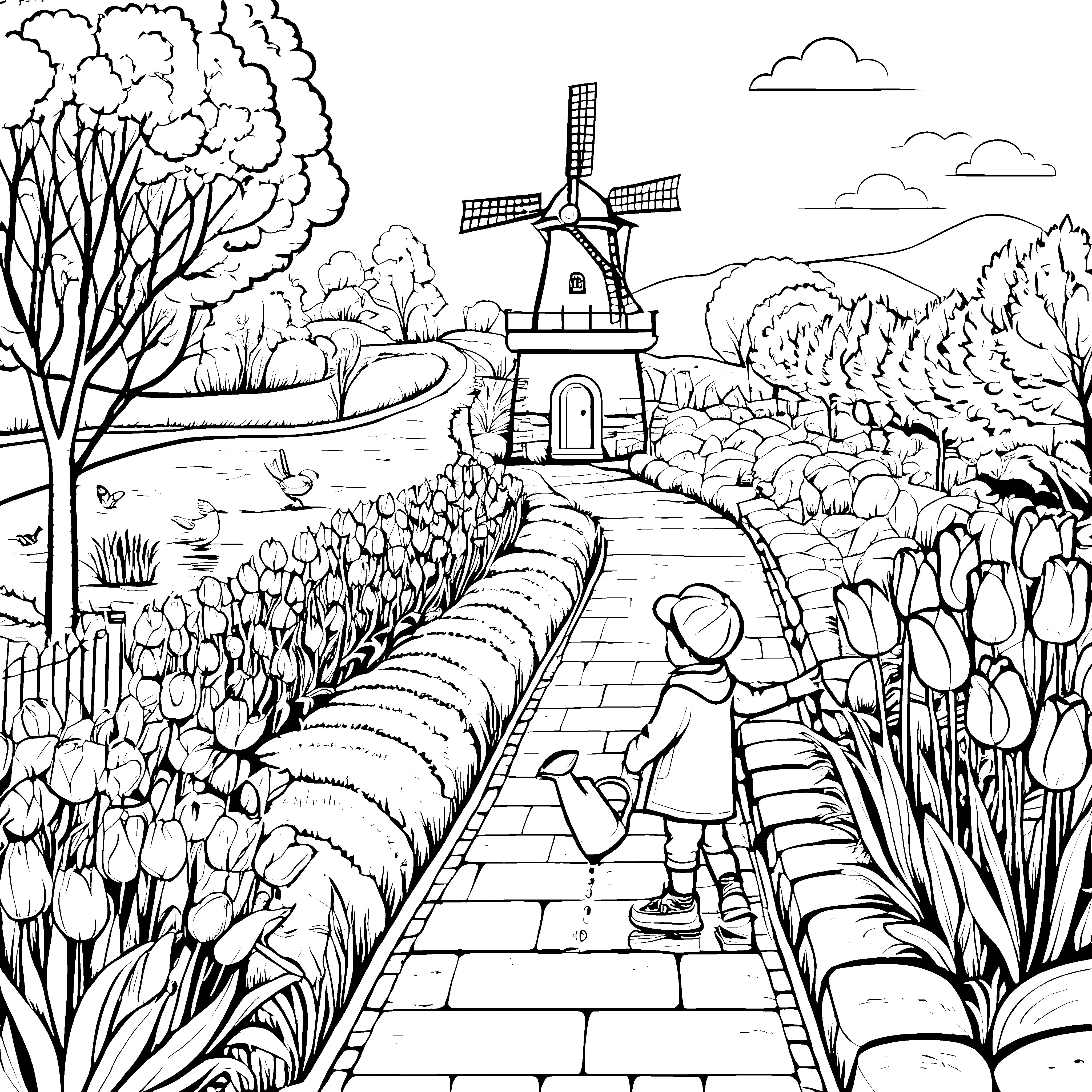 Tulpenwunderland: Ein Ausmalbild mit Windmühle und Blumenweg