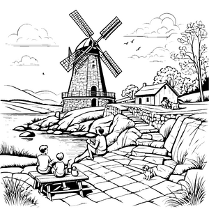 Die malerische Szene der Windmühlen auf dem ländlichen Weg zum Ausmalen