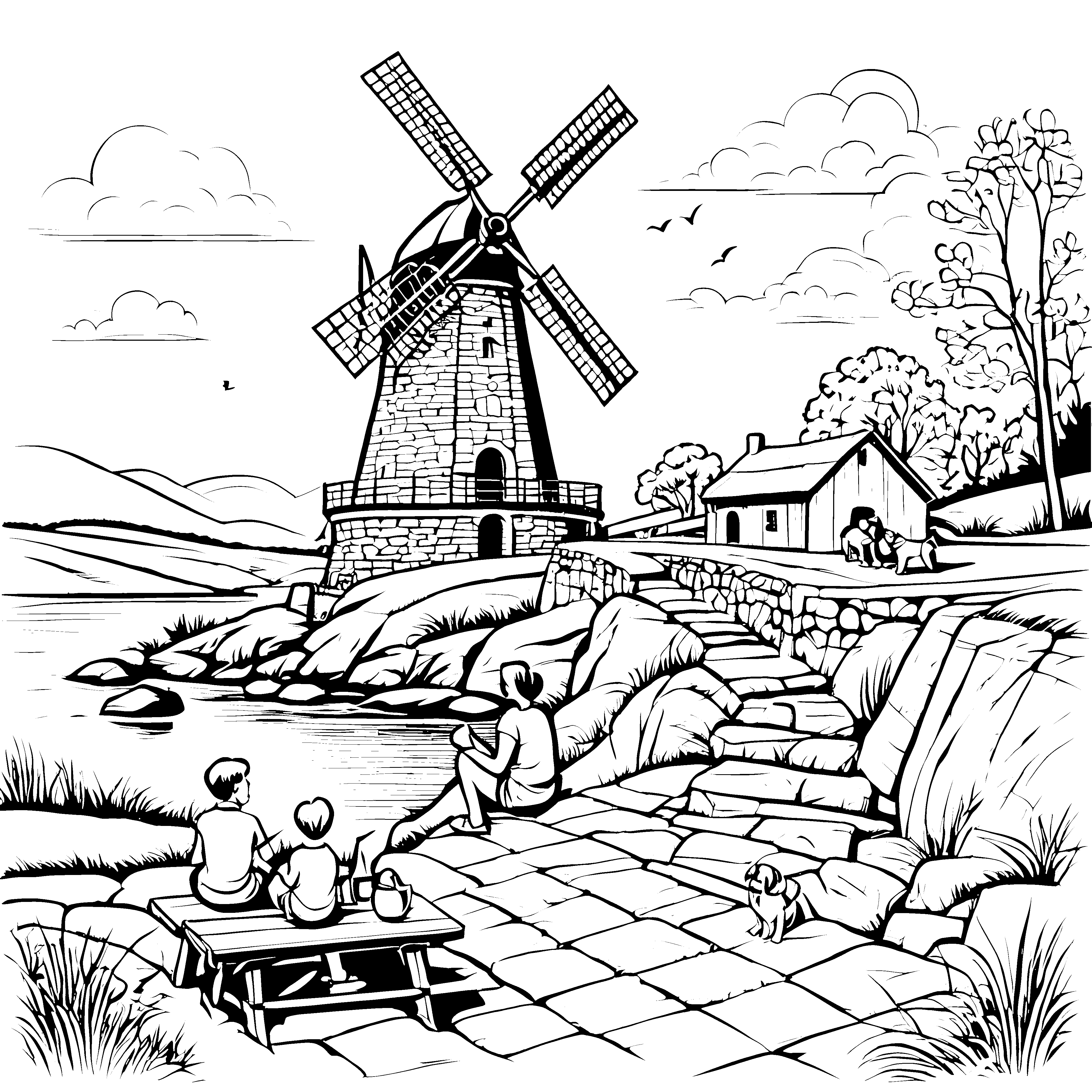Die malerische Szene der Windmühlen auf dem ländlichen Weg zum Ausmalen