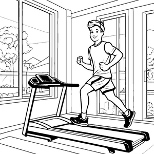 Sportlich fit auf dem Laufband im hellen Zimmer – Ausmalbild fuer kleine Entdecker