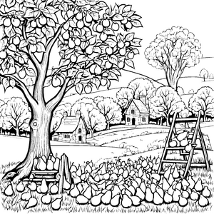 Der große Birnenbaum mit Erntekarren und Leiter - Ausmalbild fuer kleine Entdecker
