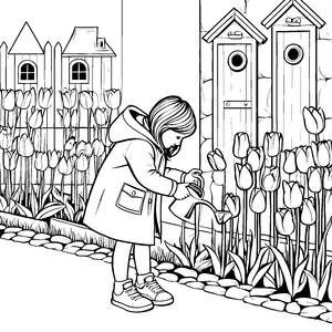 Blumenkinder und die prachtvollen Tulpen vor den Häusern zum Ausmalen