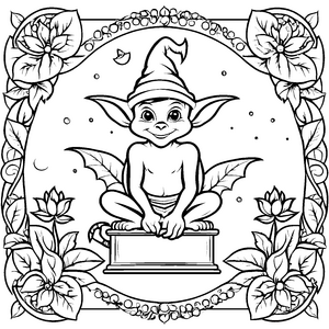 Der kleine Goblin mit Zipfelmütze auf dem Sockel - Ausmalbild fuer kleine Entdecker